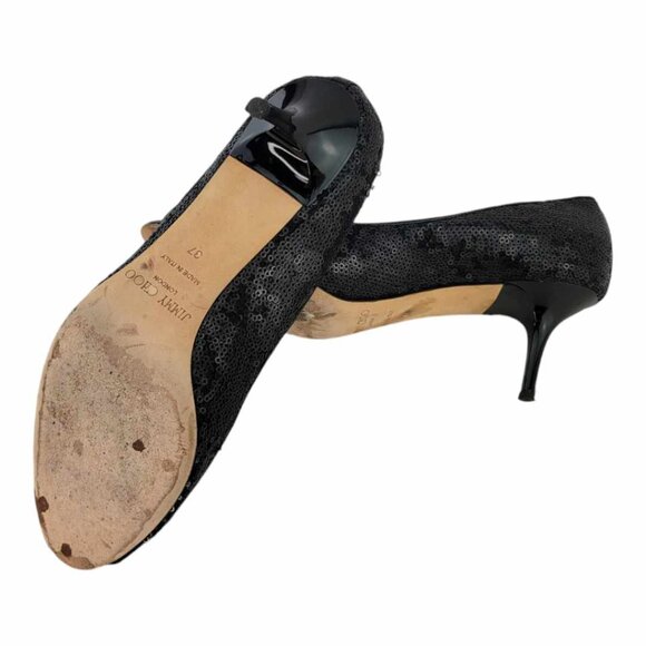 AUTHENTIC JIMMY CHOO Isabel Sequined Peep Toe Pump Sz 37 IT (US 7) - Black - Picture 9 of 10